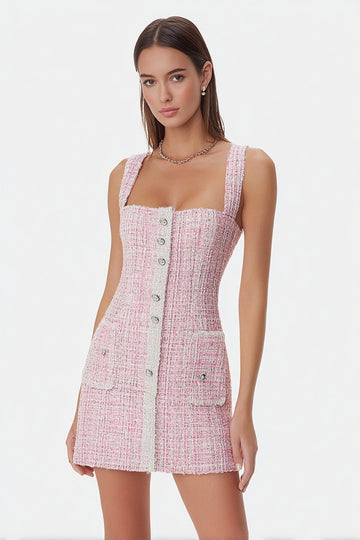 Pink Square Neck Tight Tweed Mini Dress